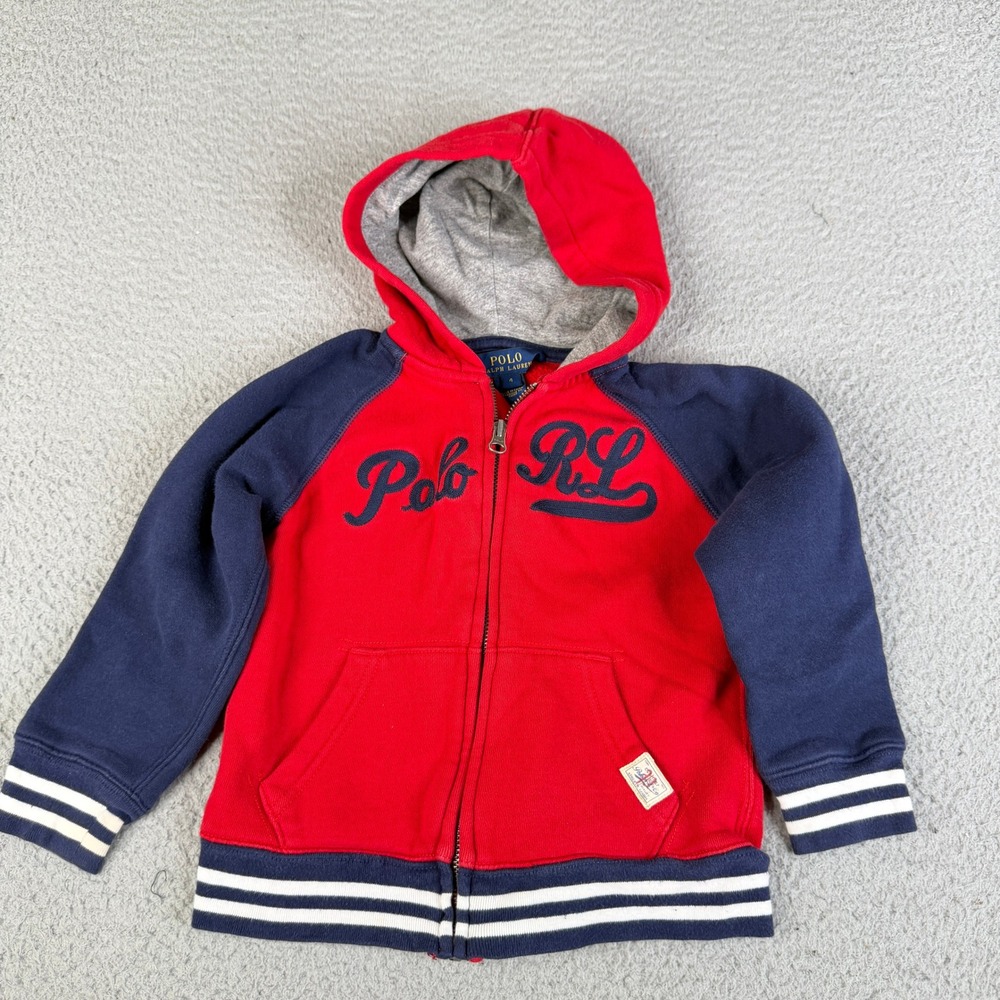 Polo Ralph Lauren Hoodie Kids 4 Red Navy Blue Full Zip Fleece Script Logo Raglan